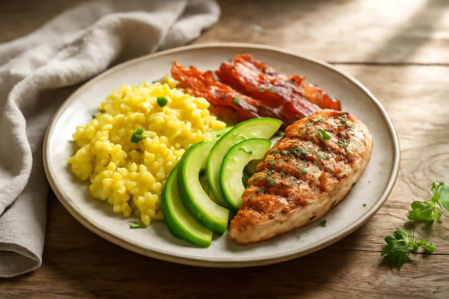 High-protein breakfast with eggs, avocado, and spinach on a ceramic plate