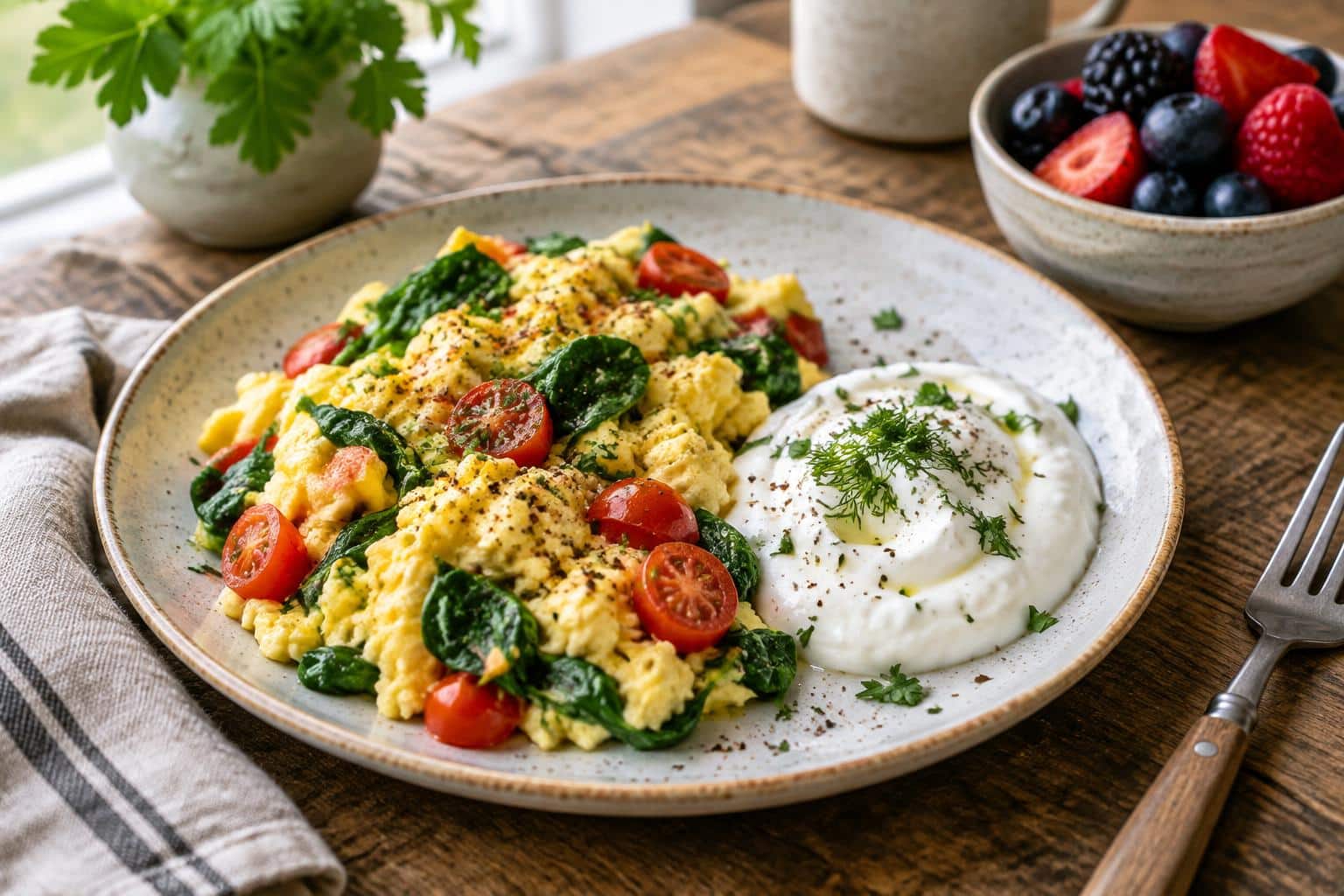 High-protein breakfast plate with scrambled eggs, spinach, tomatoes, and Greek yogurt