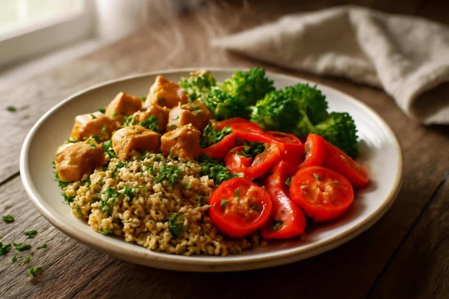 High protein weight loss chicken and quinoa bowl with fresh vegetables and herbs