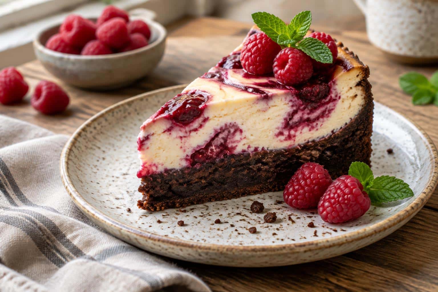 Slice of himbeer brownie cheesecake with raspberry swirls and chocolate base garnished with fresh raspberries