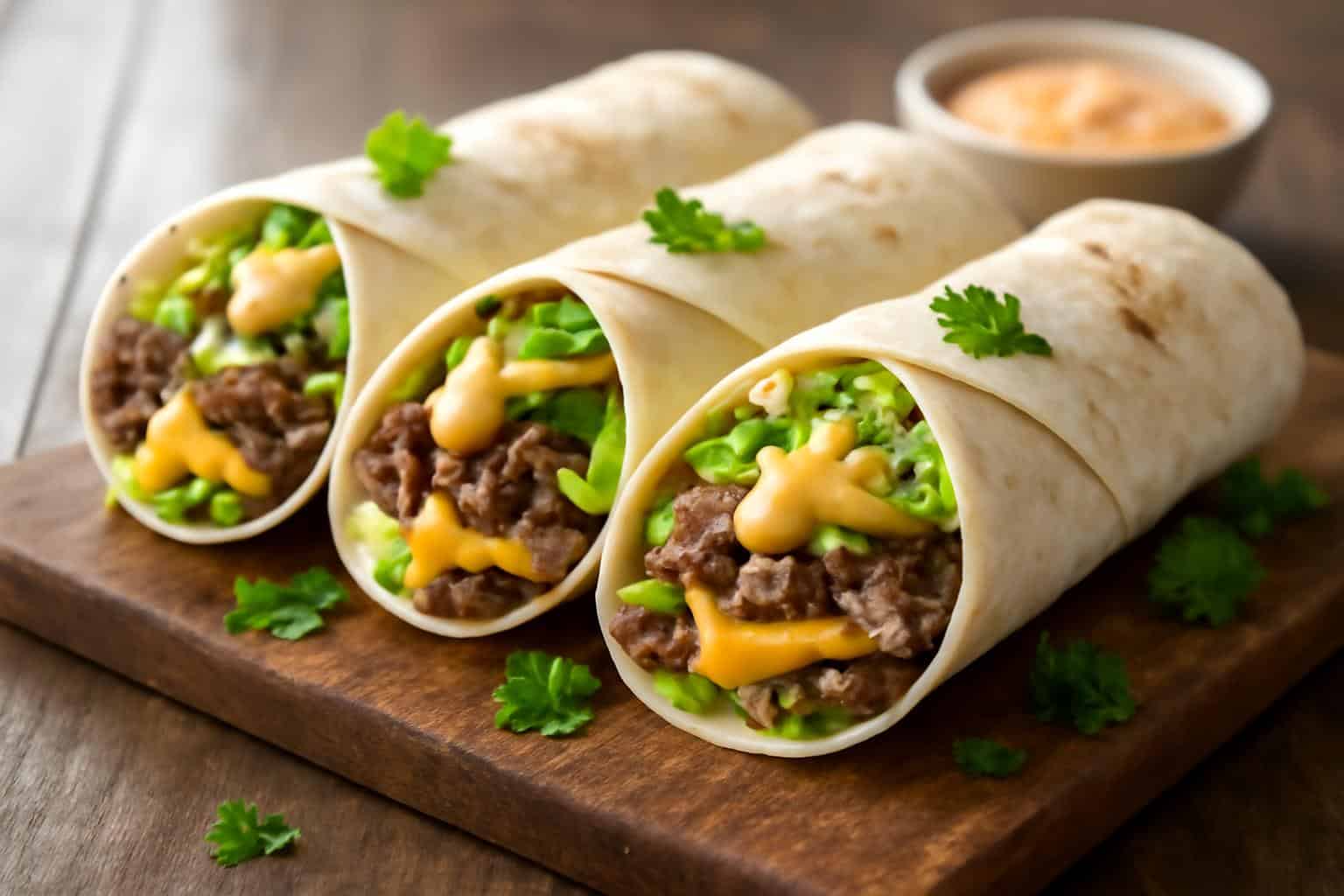 Homemade big mac wraps filled with ground beef, lettuce, cheese, pickles, and sauce on a wooden board