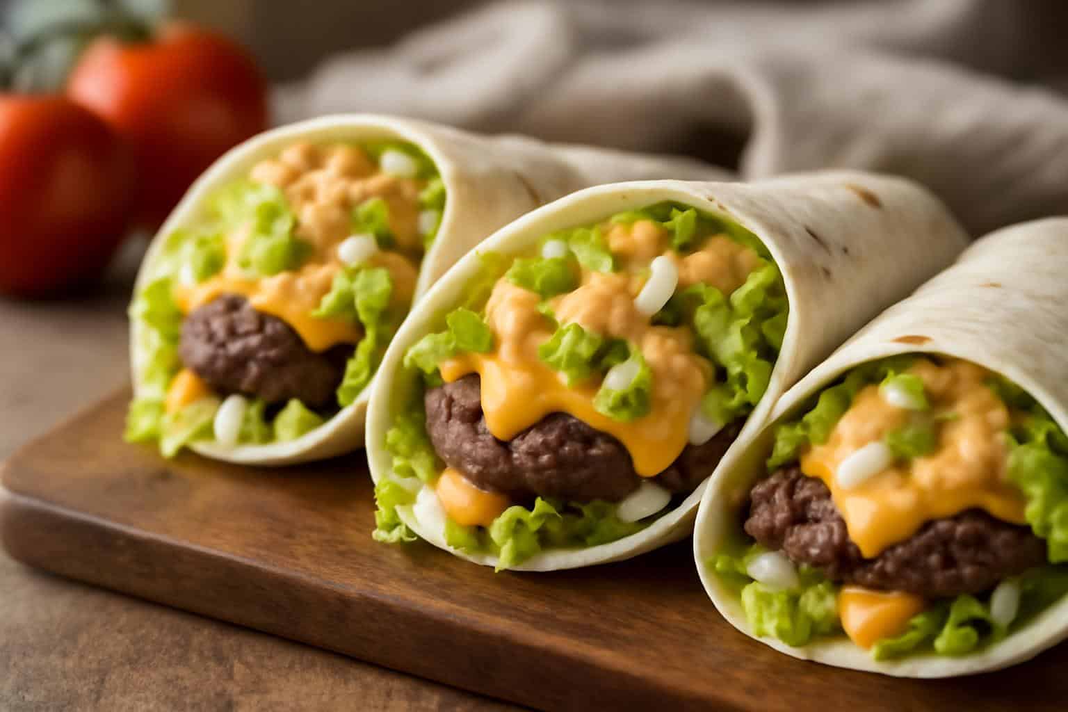 Homemade big mac wraps filled with juicy beef, lettuce, cheese, and special sauce on a wooden board