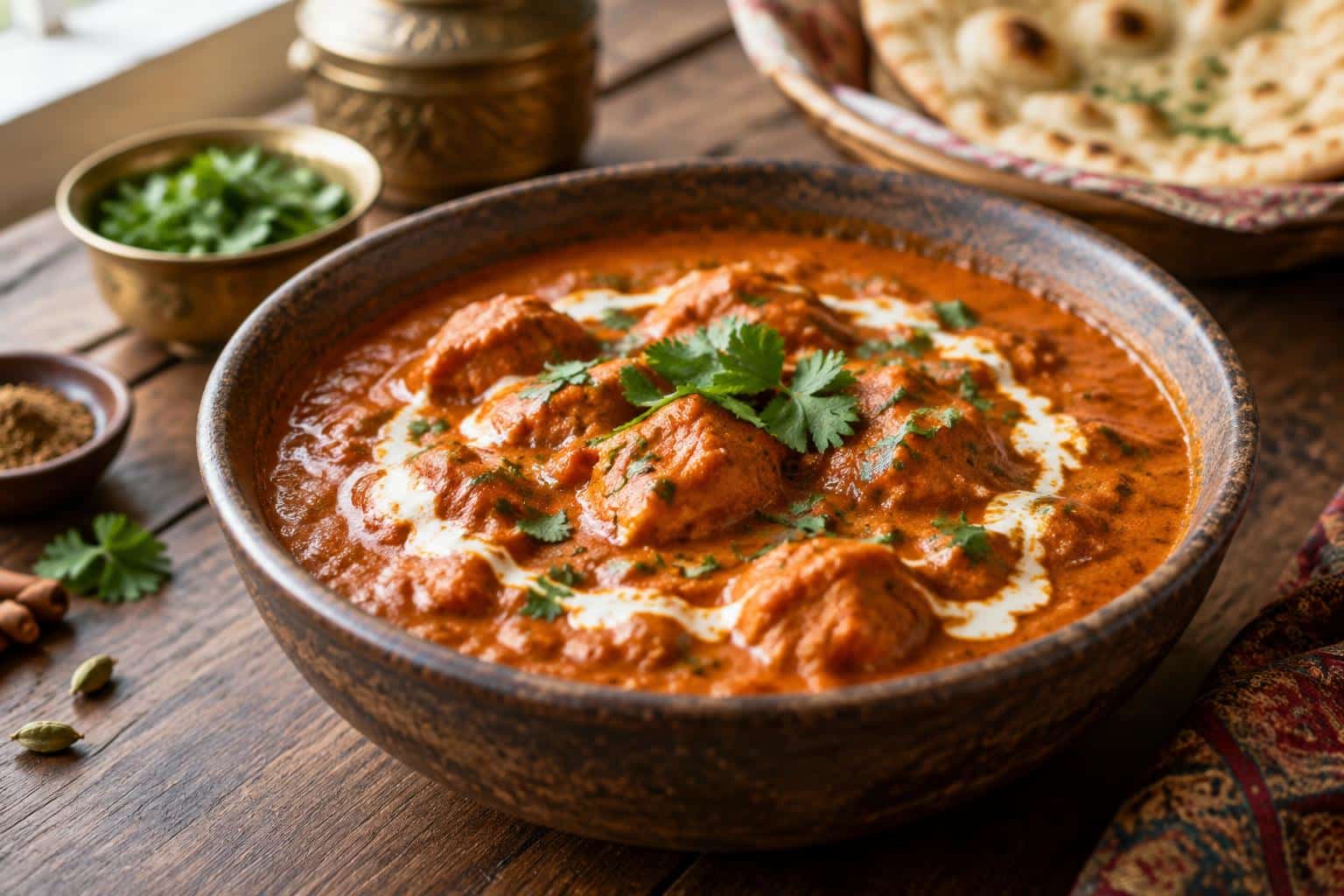 Homemade butter chicken served in a bowl with fresh cilantro garnish and creamy sauce