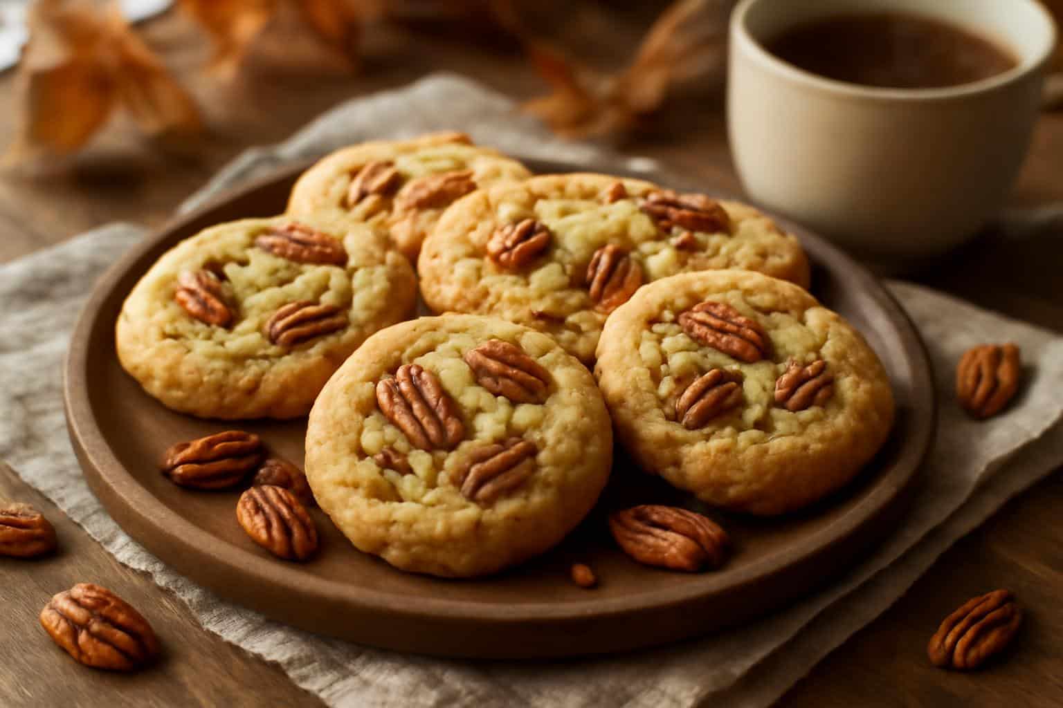 Freshly baked butter pecan cookies with toasted pecans, perfect tea time treat