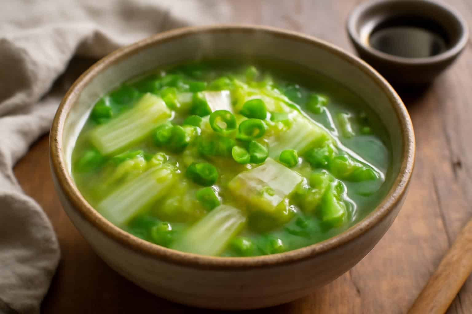 Steaming bowl of Chinese cabbage soup garnished with green onions, showcasing fresh ingredients and clear broth