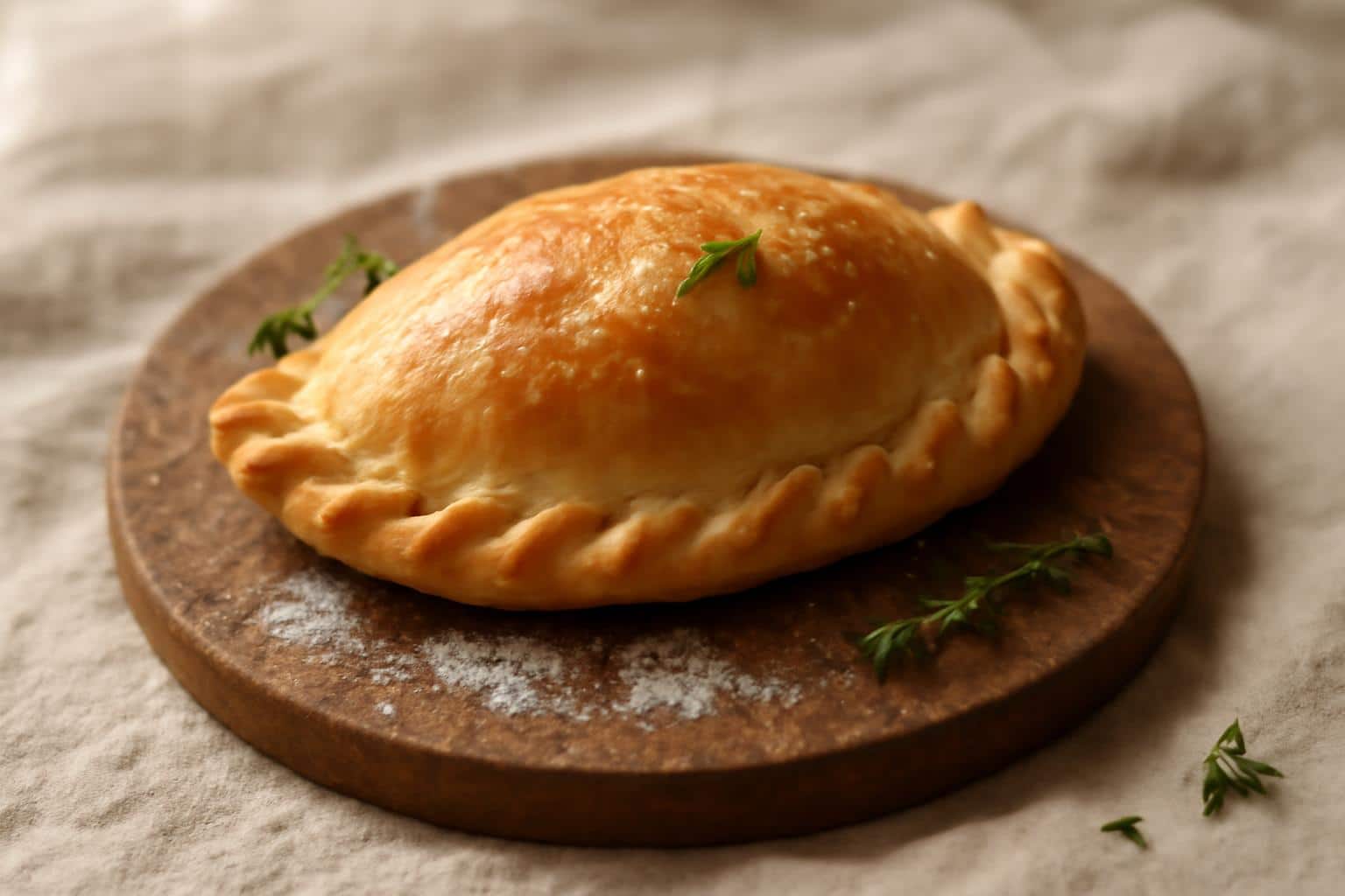 close up of golden homemade empanada dough with flaky texture on wooden board
