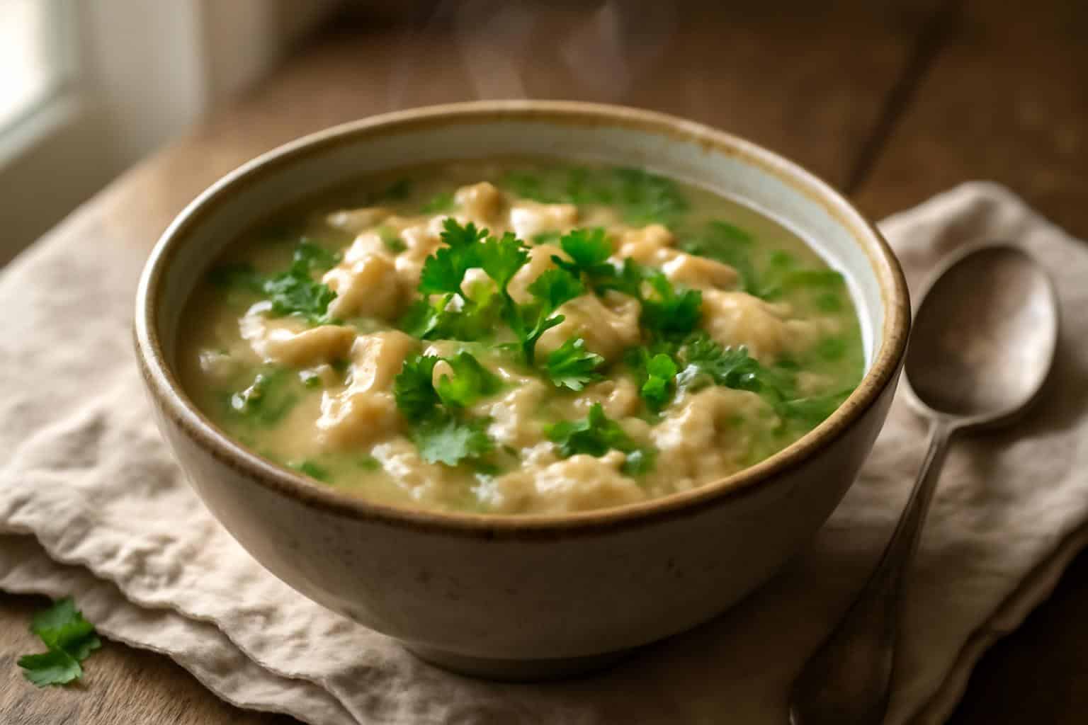 A bowl of homemade ginger chicken soup with rice garnished with green onions and cilantro