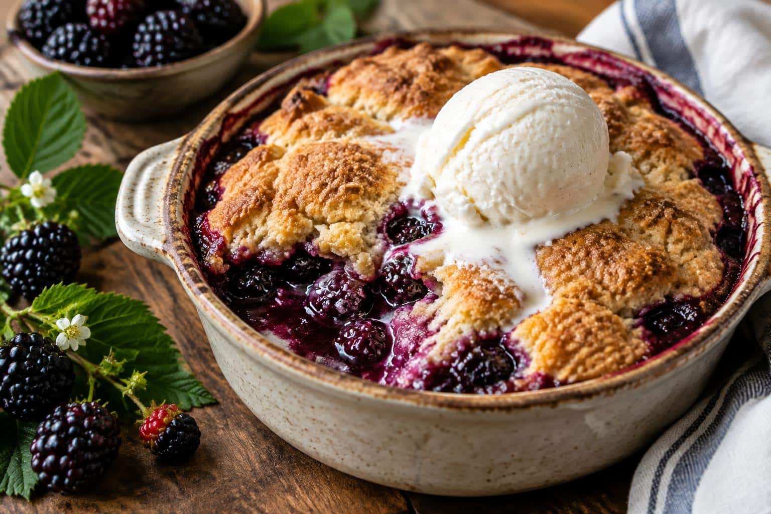 Homemade kentucky blackberry cobbler with fresh blackberries and golden crust