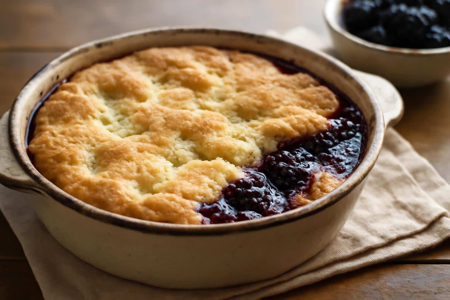 Homemade kentucky blackberry cobbler with golden crust and juicy blackberry filling