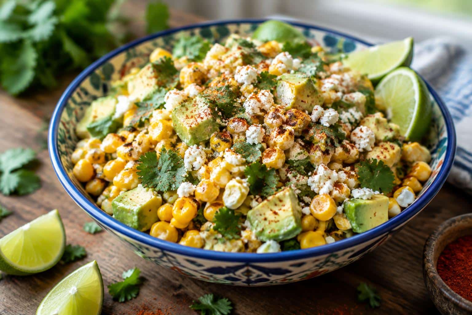 Fresh homemade mexican street corn salad with avocado, cotija cheese, and cilantro in a rustic bowl