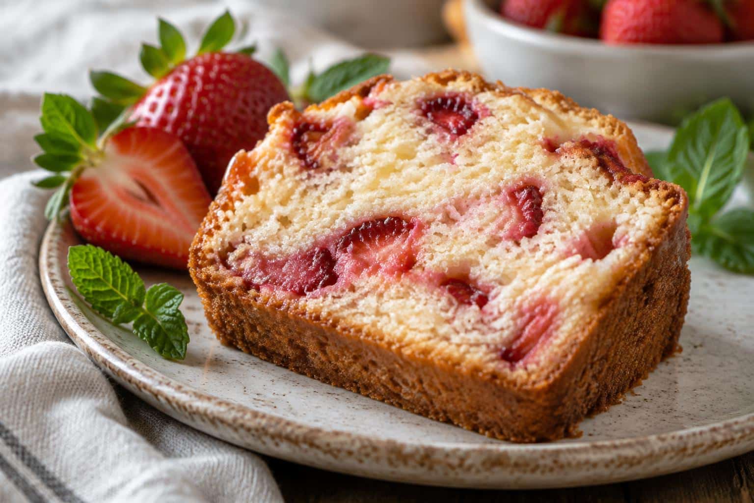 slice of strawberry pound cake with fresh strawberry pieces, moist texture and garnish