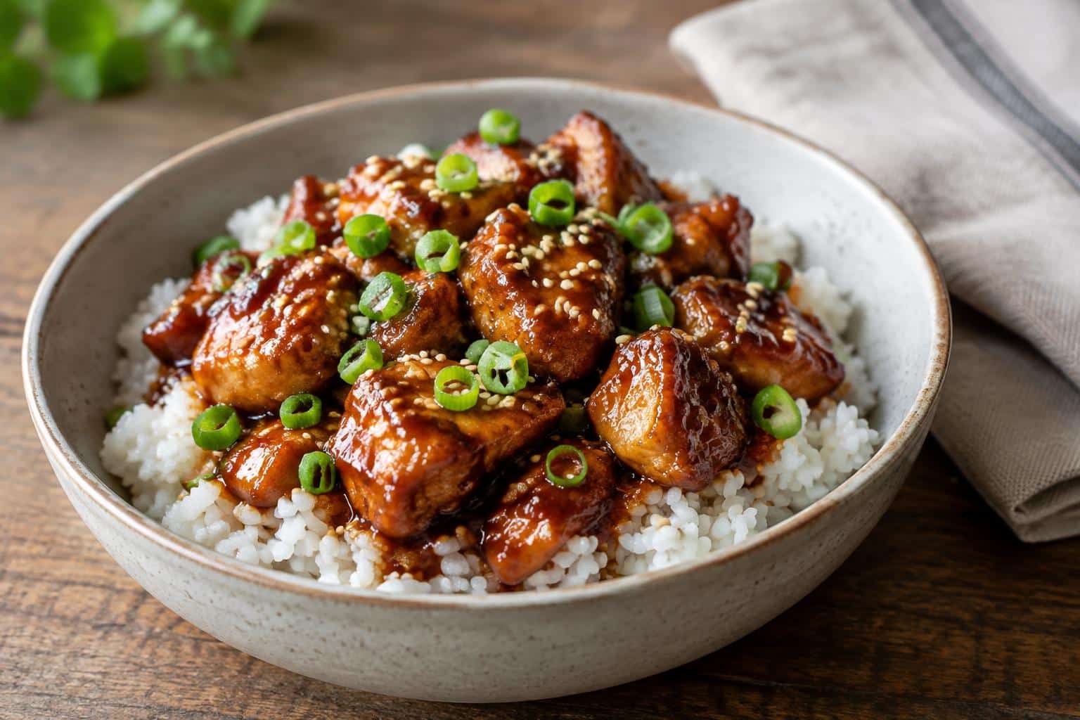 Honey BBQ chicken rice bowl with glazed chicken, green onions, and sesame seeds, showcasing honey bbq chicken rice