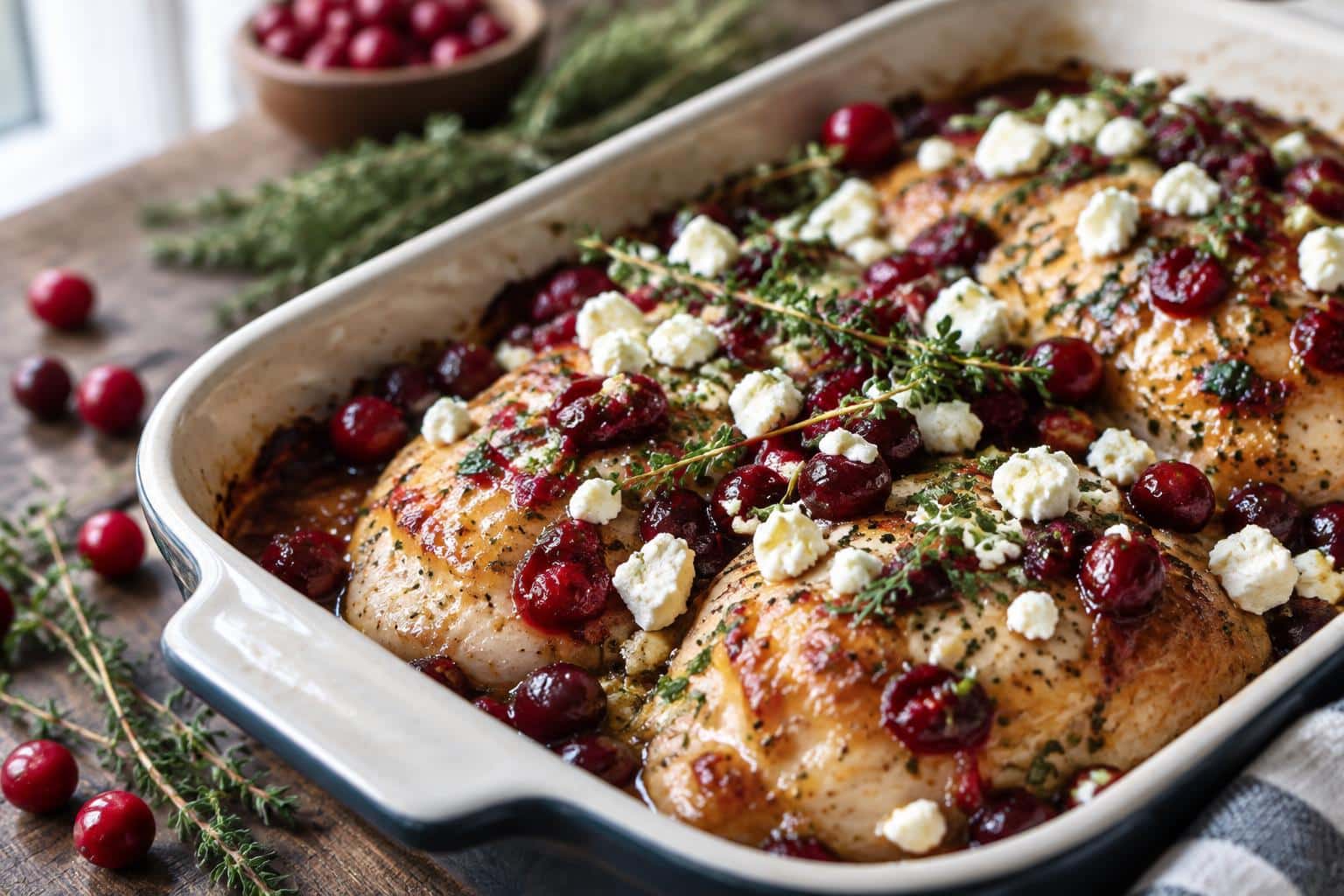 Honey cranberry chicken bake topped with feta cheese and fresh herbs
