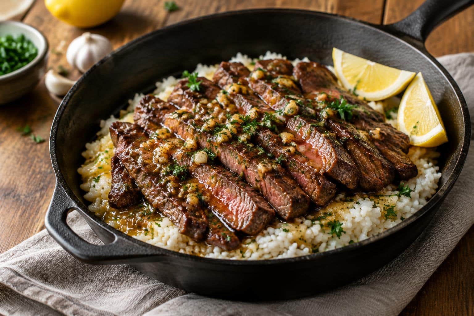 Honey garlic butter steak and rice skillet with fresh parsley garnish