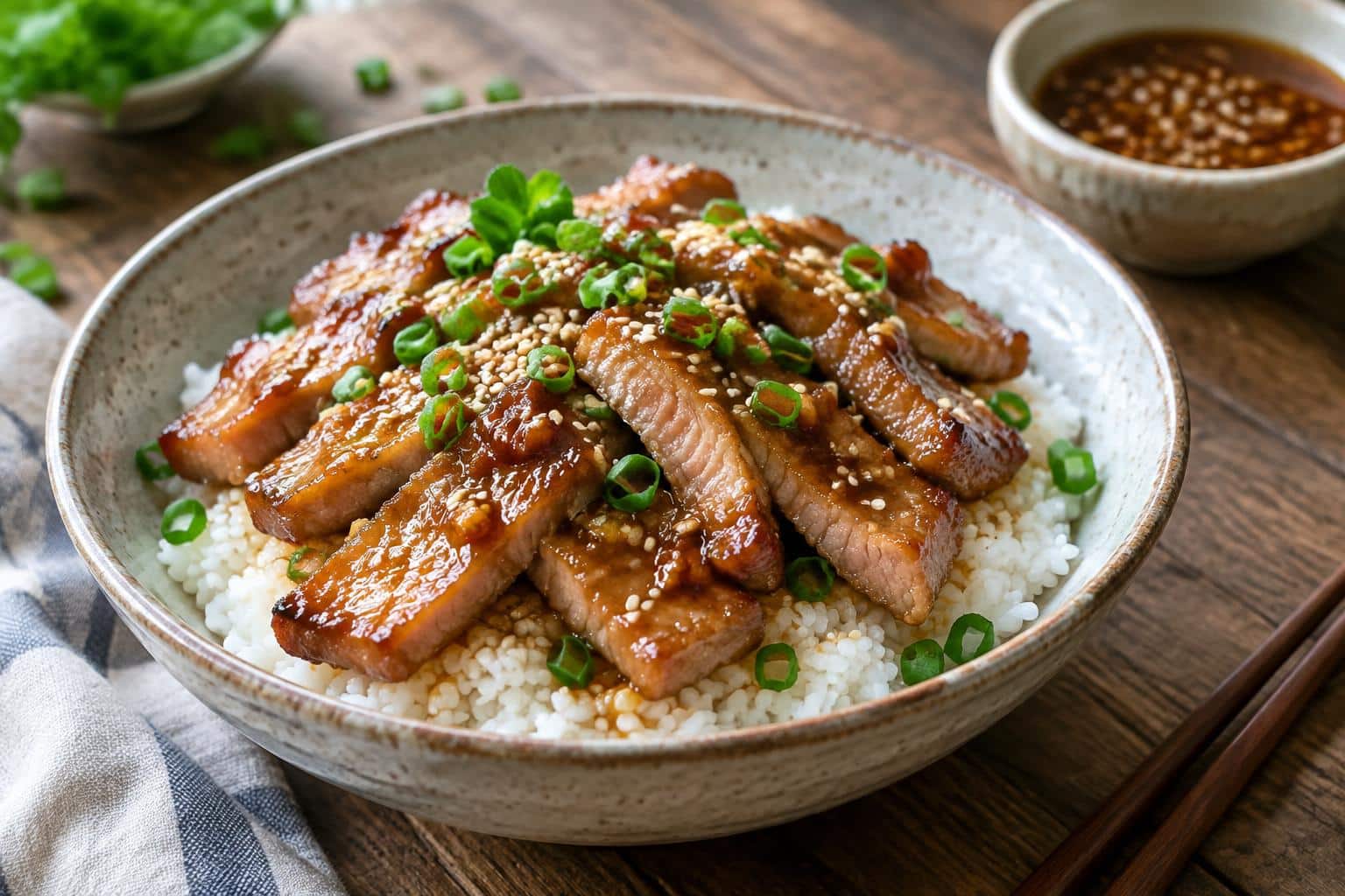 Honey garlic pork rice bowl with sesame seeds and green onions garnish