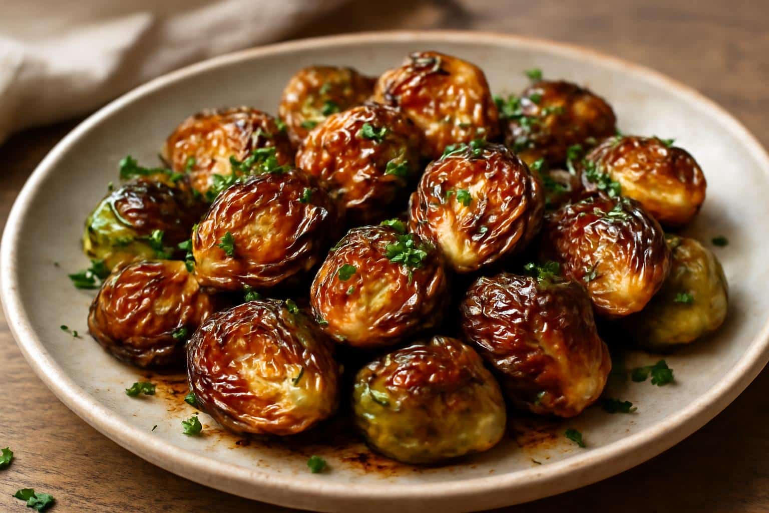 Honey garlic roasted Brussels sprouts with a crispy glaze and sesame seed garnish