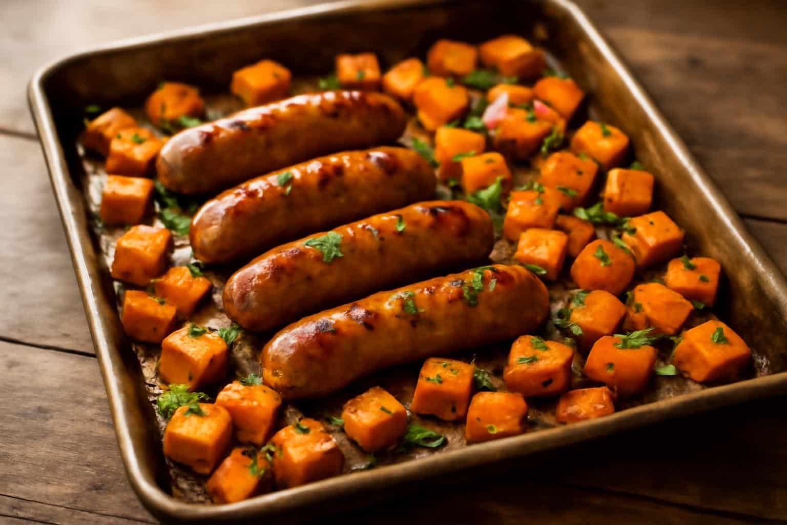 Honey garlic sausage and sweet potato sheet pan dinner garnished with fresh parsley