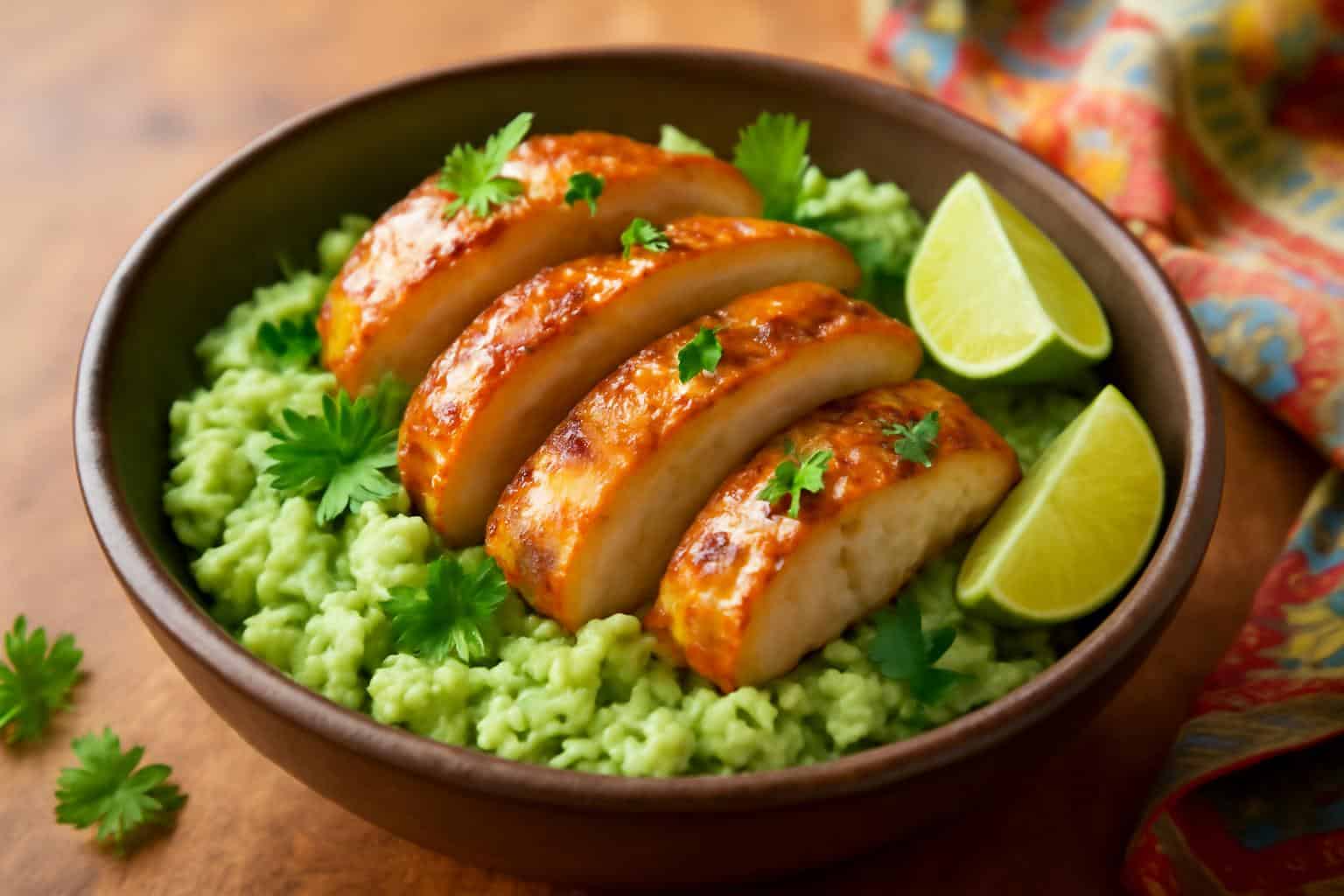 Honey lime chicken served on creamy avocado rice garnished with cilantro and lime wedges