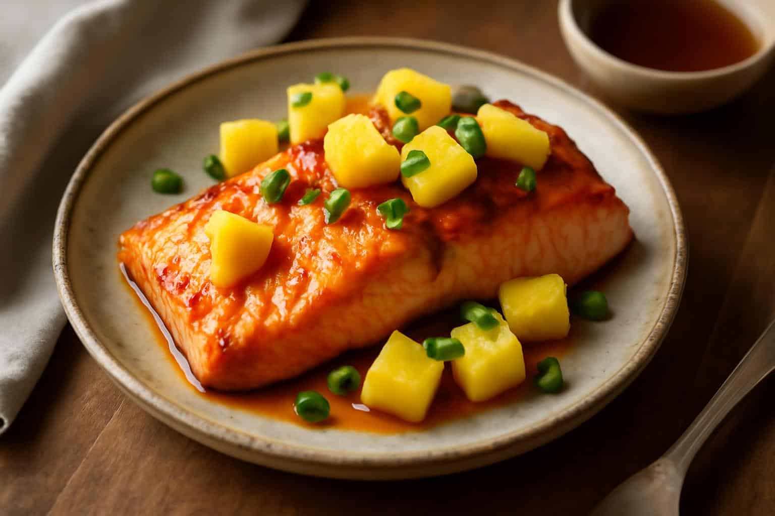 Honey pineapple salmon glazed fillet garnished with pineapple chunks and green onions