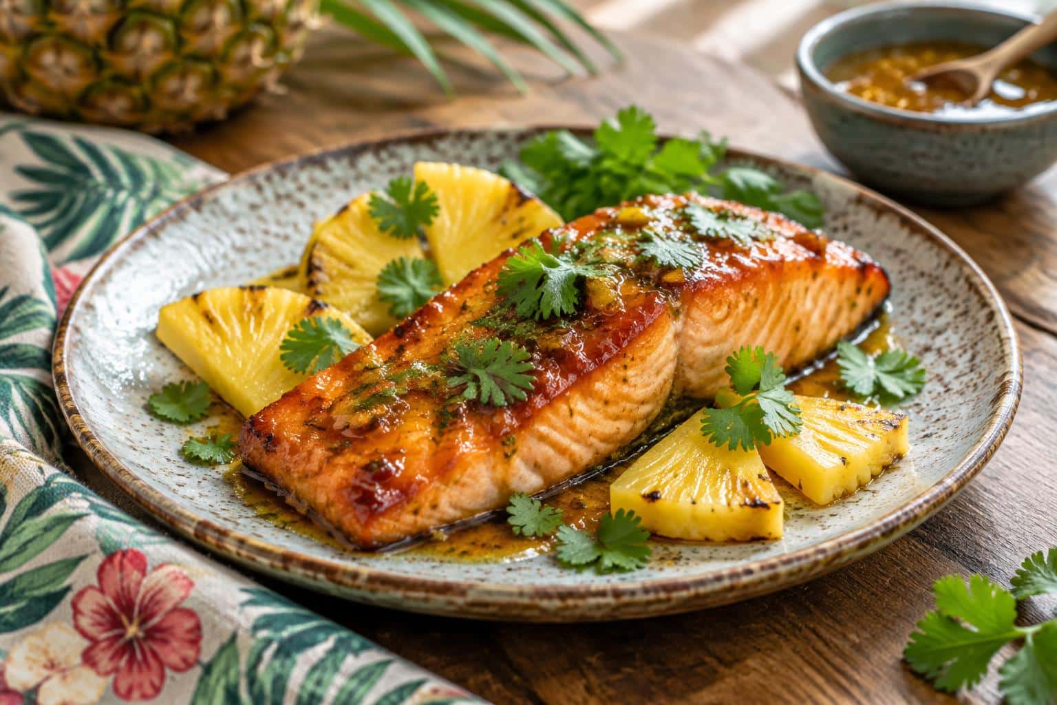 Honey pineapple glazed salmon fillet garnished with cilantro and pineapple slices on a rustic plate