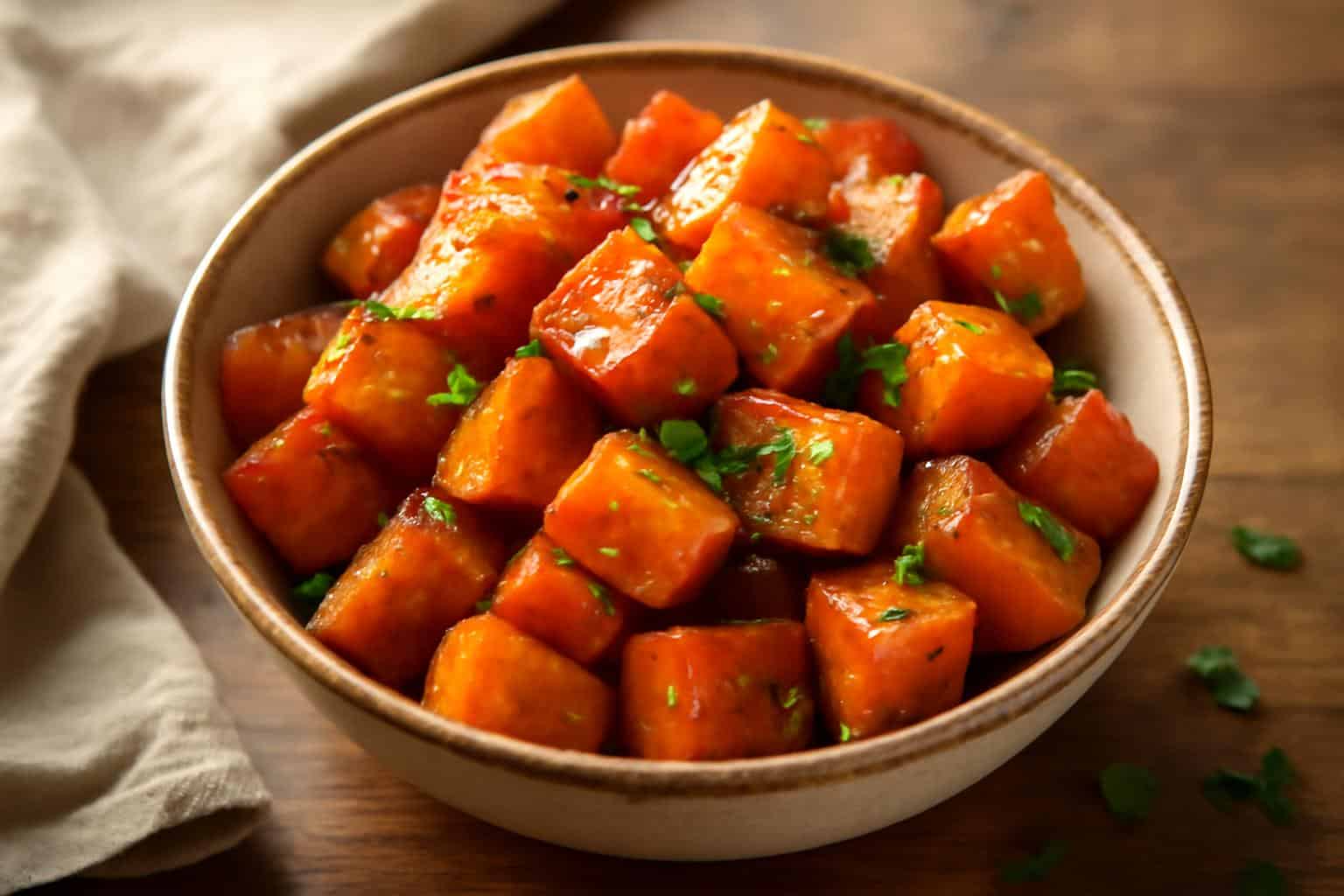 Honey roasted sweet potatoes garnished with parsley, perfect Thanksgiving side dish