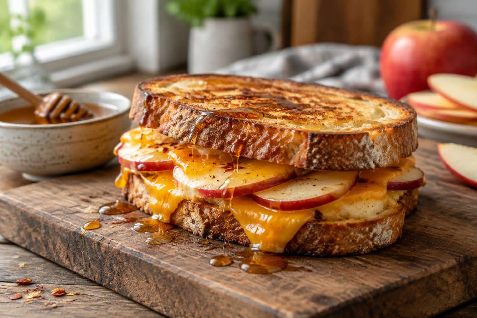 Hot honey apple cheddar sandwich with melted cheese and honey drizzle on rustic board