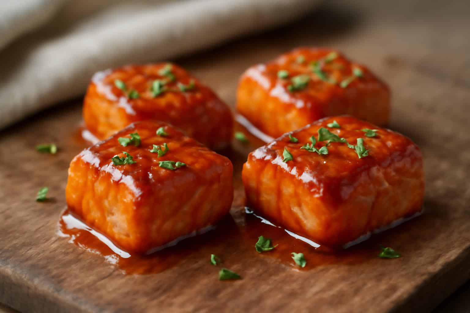 Hot honey salmon bites drizzled with spicy sweet sauce and garnished with herbs