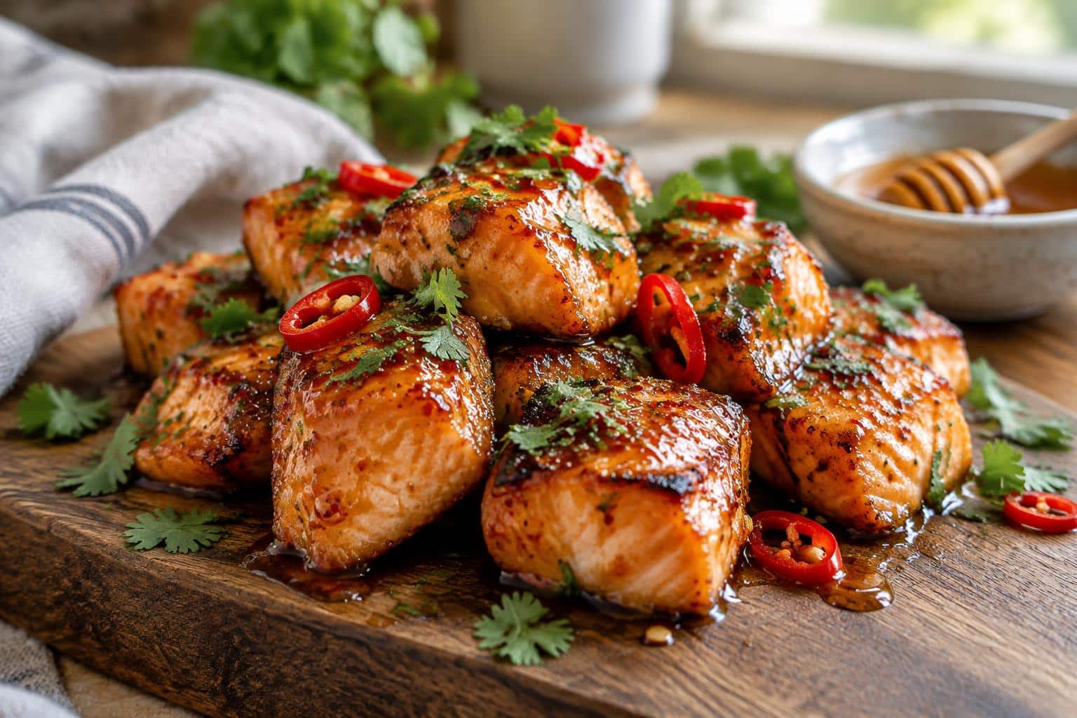 Hot honey salmon bites drizzled with spicy sweet glaze and garnished with cilantro and chili slices