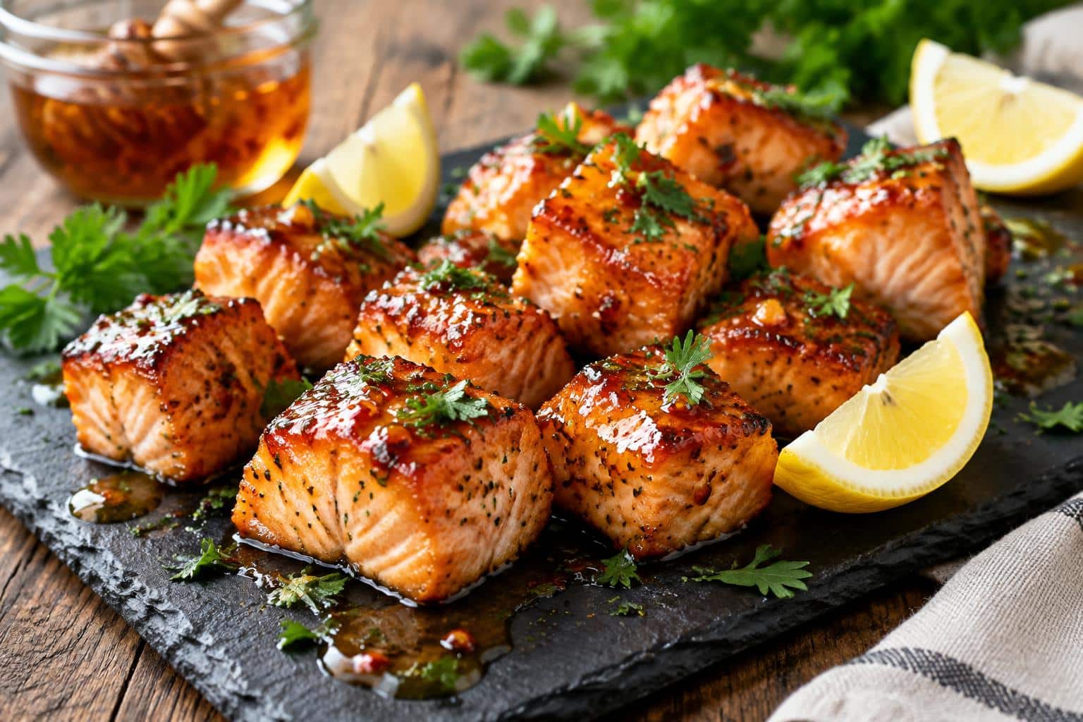 Hot honey salmon bites appetizer drizzled with sweet and spicy glaze garnished with parsley and lemon wedges