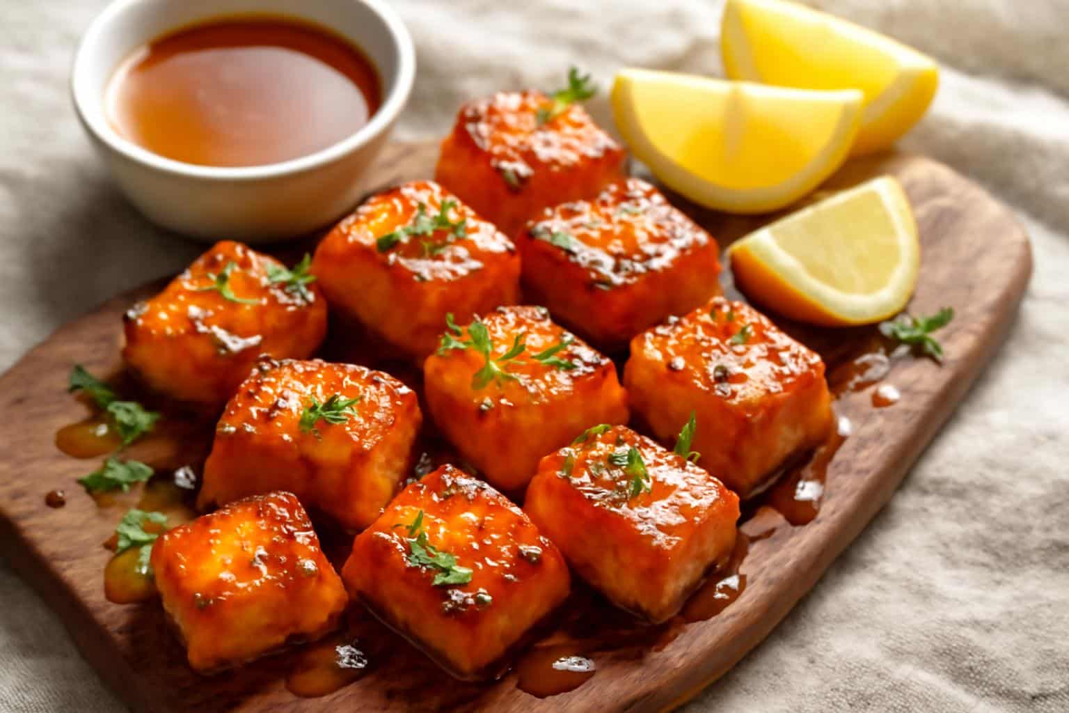 Hot honey salmon bites appetizer drizzled with honey and chili flakes garnished with fresh greens