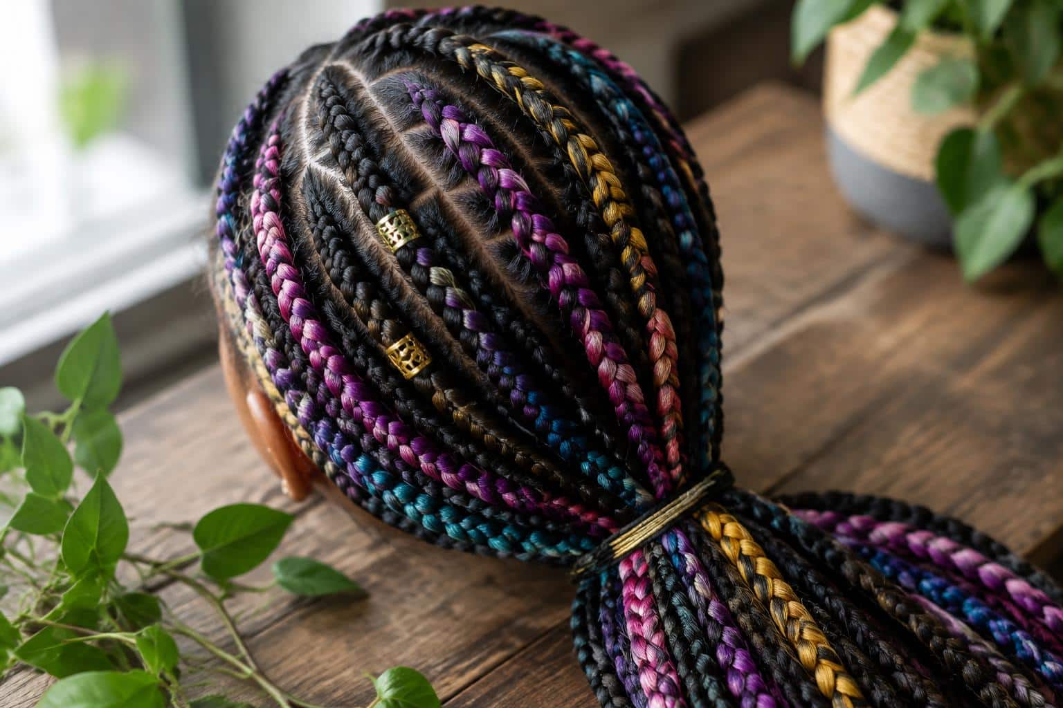 Close-up of colorful braided hairstyle showing how to braid for beginners with easy braids