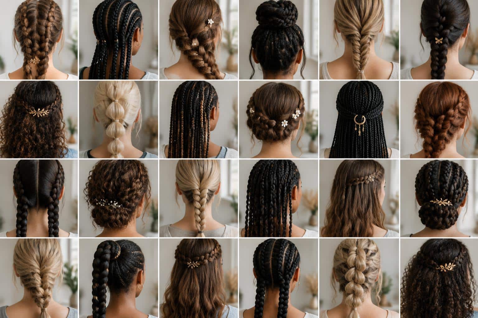 Close-up of 24 easy braids styled on different hair types showing how to braid beginners