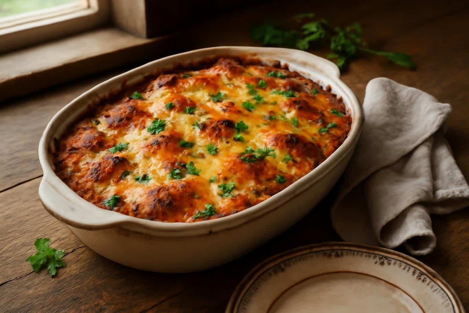 Baked country gentlemen casserole with melted cheese and garnished with parsley