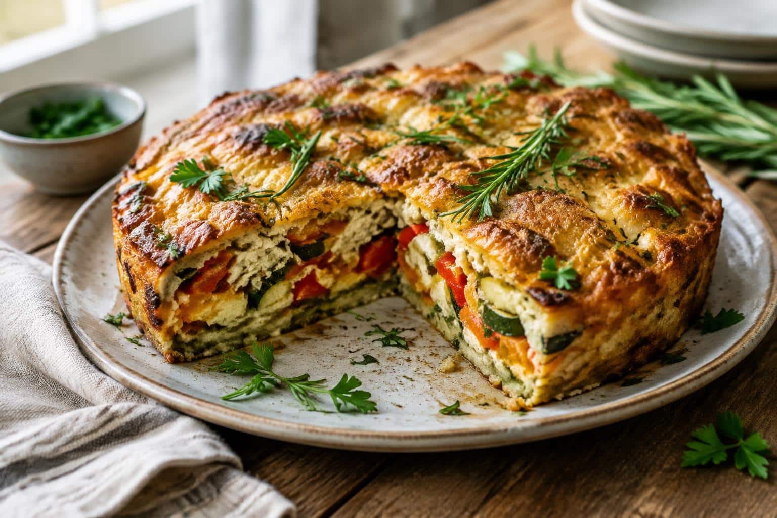 Golden-brown baked lilyum with fresh herbs and colorful vegetables on a rustic plate