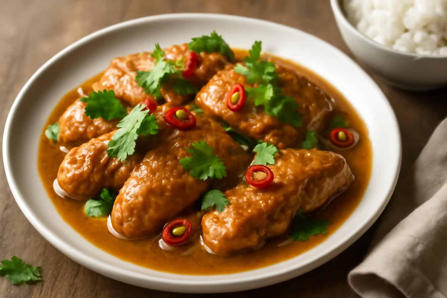 Ina Garten Indonesian Chicken served on a plate with peanut sauce and garnished with cilantro