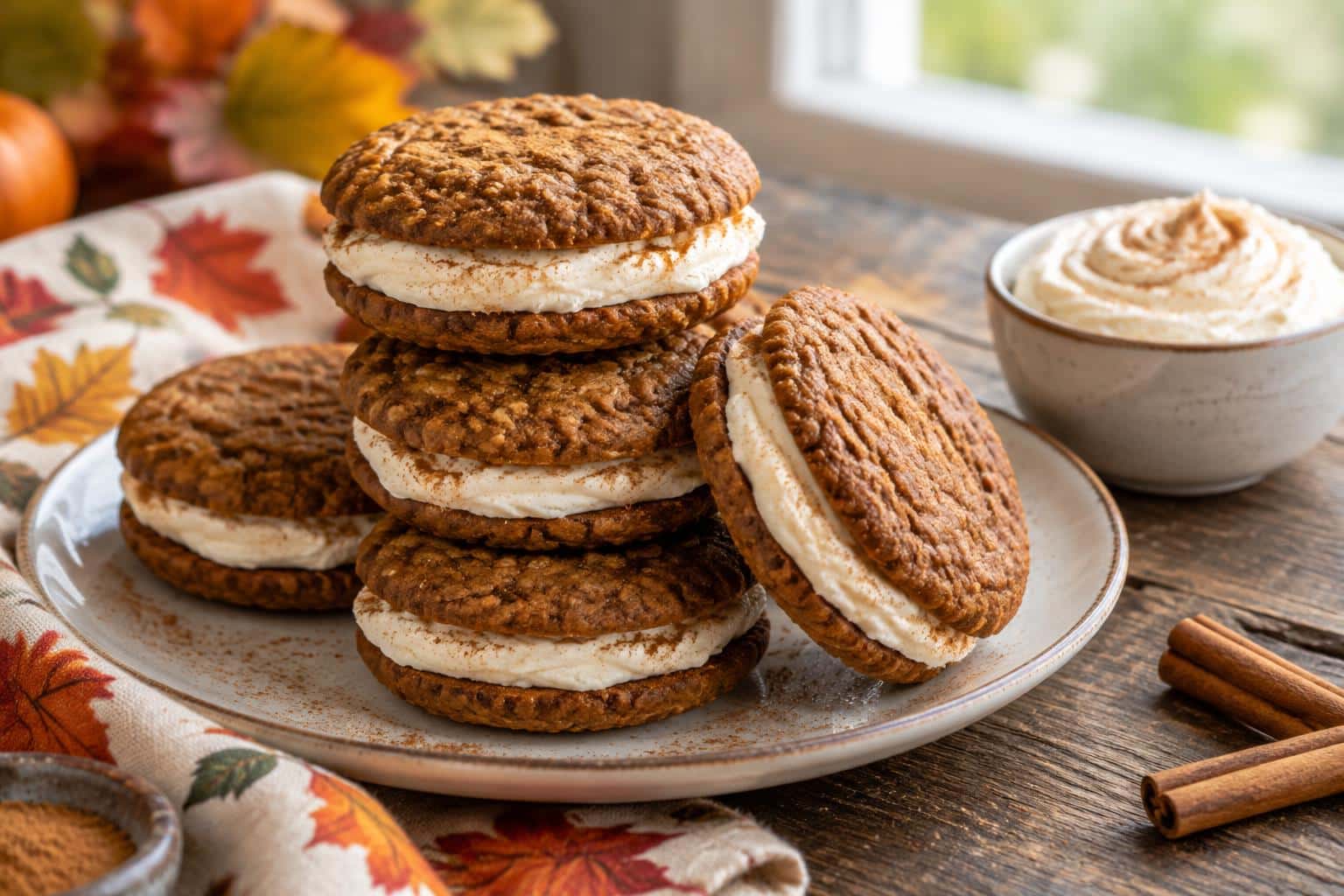 Stack of gingerbread oatmeal cream pies with spiced cookies and creamy filling