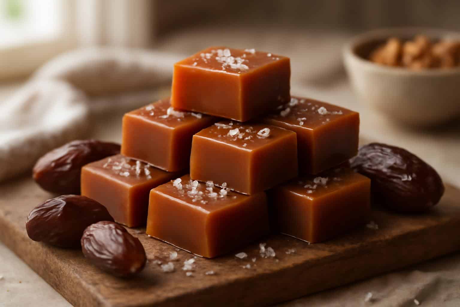 Stack of 4-ingredient date caramels sprinkled with sea salt next to whole dates
