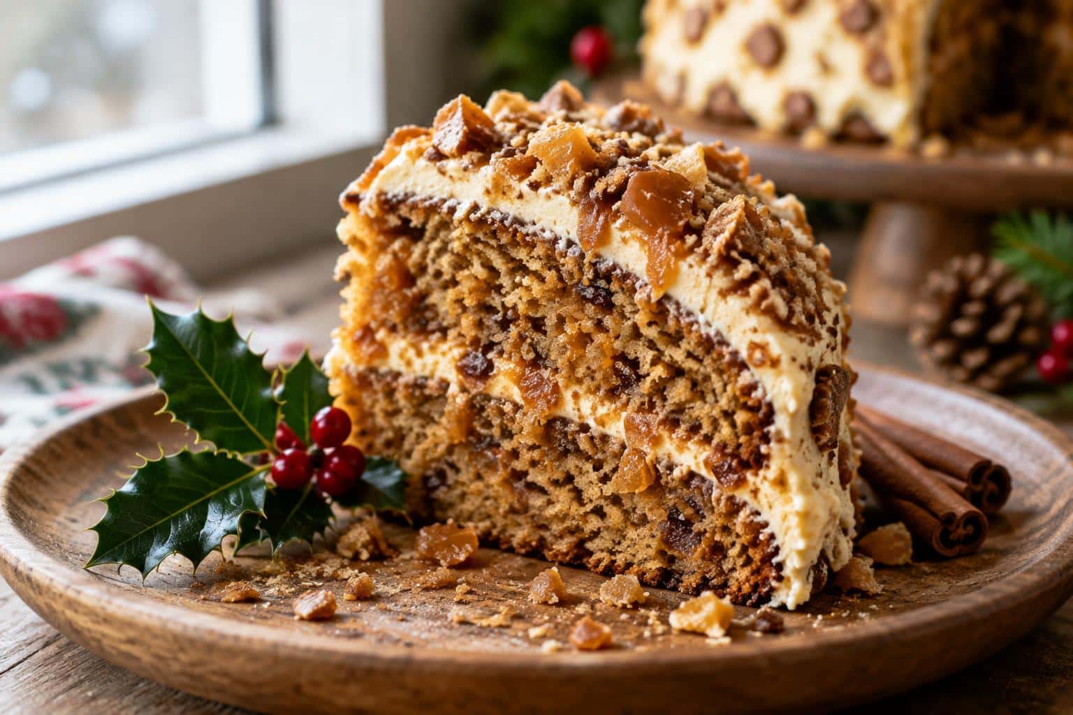 Christmas toffee crunch cake slice with crunchy toffee topping and festive garnish