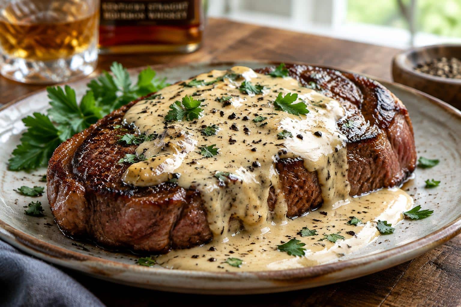 whiskey cream sauce drizzled over steak with parsley garnish
