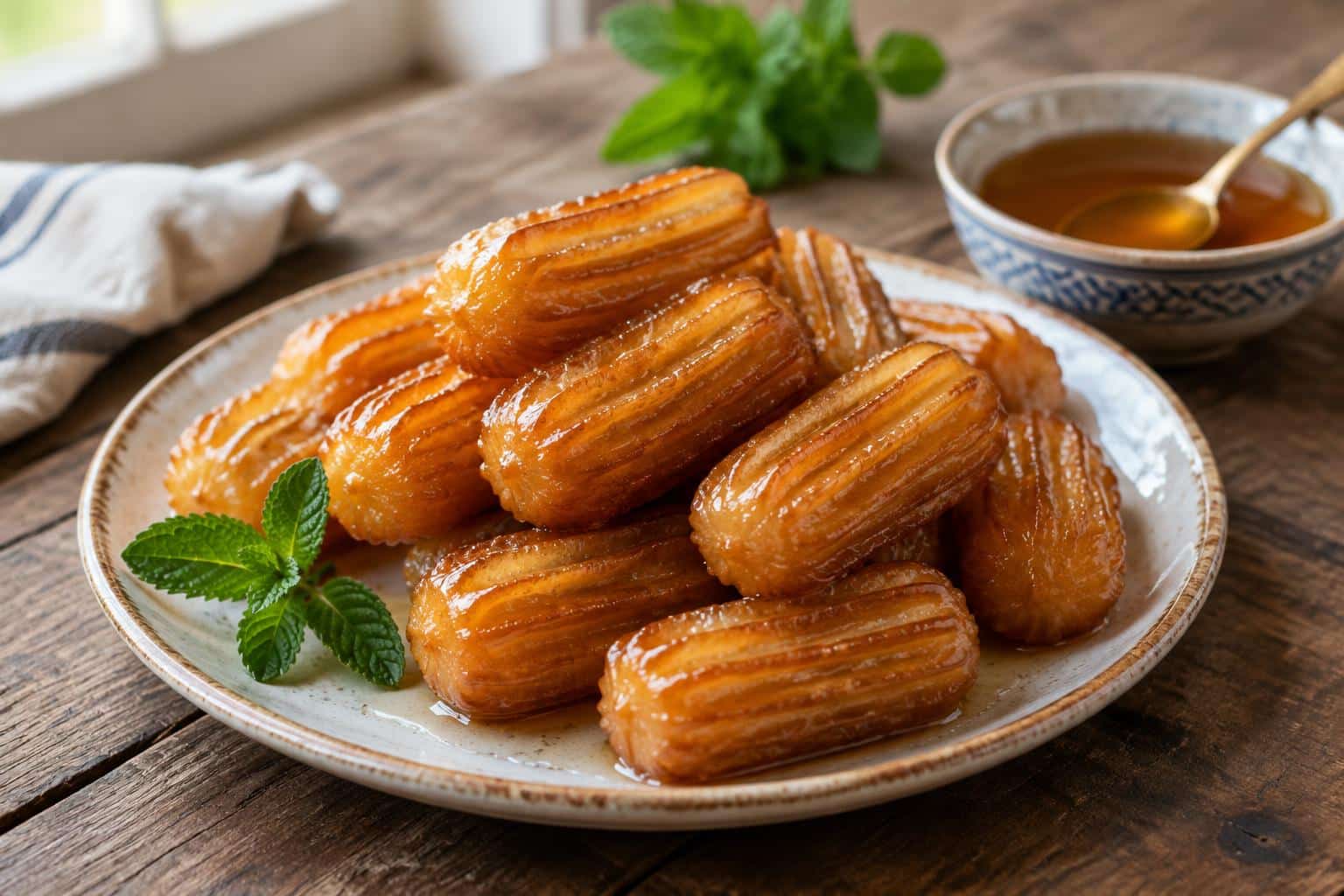 Golden crispy tulumba pastry soaked in syrup on a rustic plate, showcasing the tulumba pastry dessert