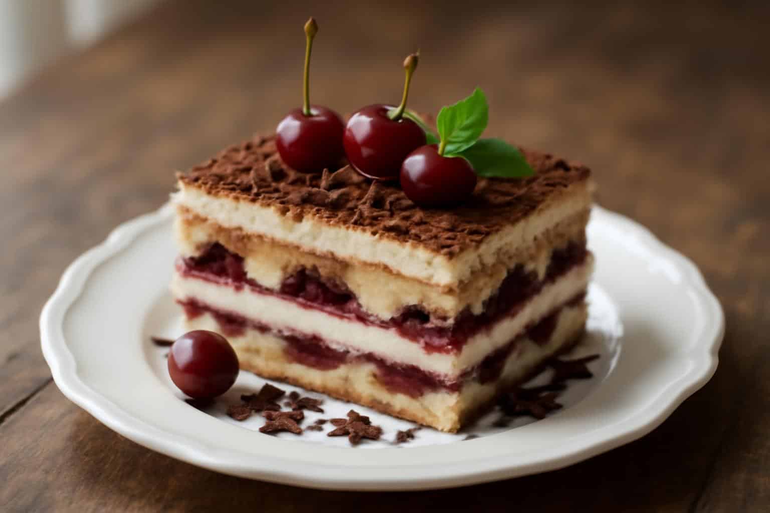 Slice of black forest tiramisu with chocolate shavings and cherries, showcasing black forest tiramisu dessert