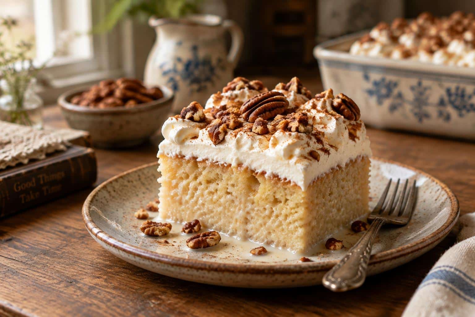 Slice of butter pecan tres leches cake topped with whipped cream and toasted pecans