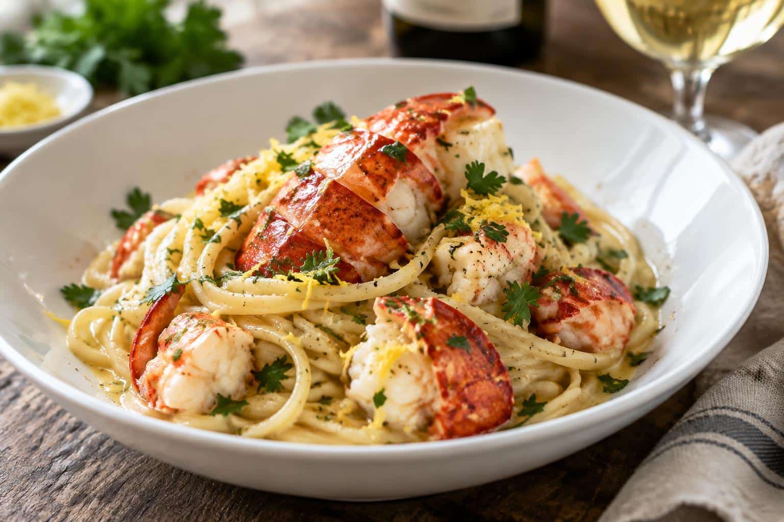 Butter poached lobster pasta served on white bowl garnished with parsley and lemon zest