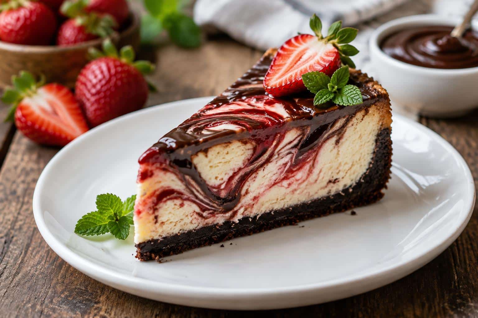Chocolate strawberry cheesecake slice with rich swirl pattern and fresh strawberry garnish