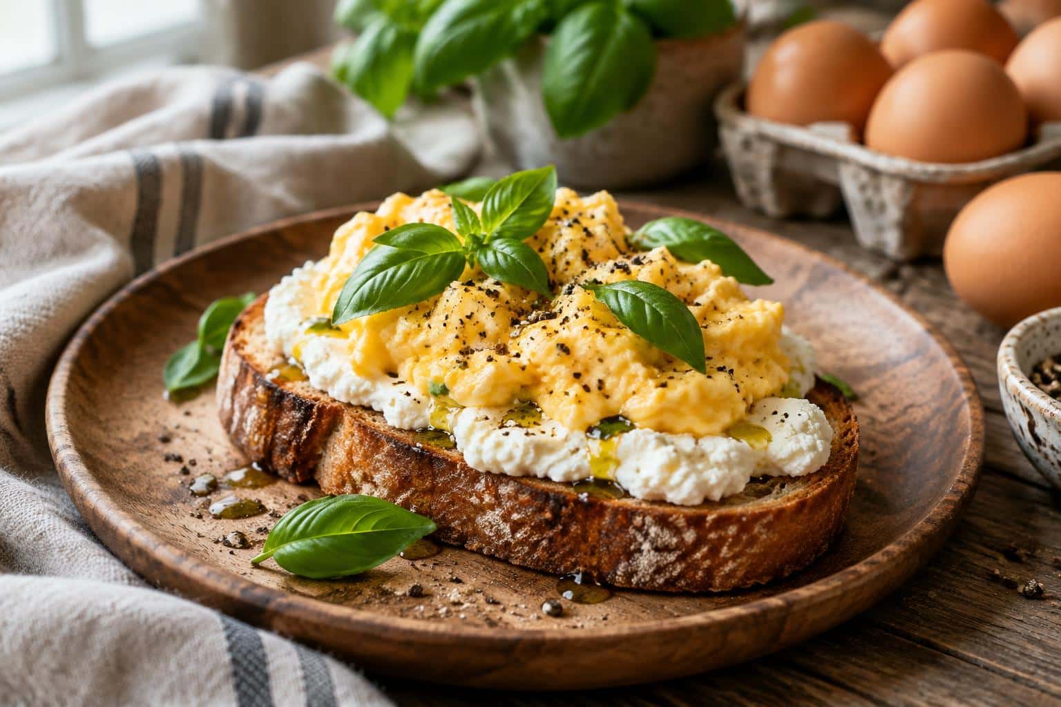 Indulgent creamy ricotta egg toast garnished with basil and black pepper on rustic wooden plate