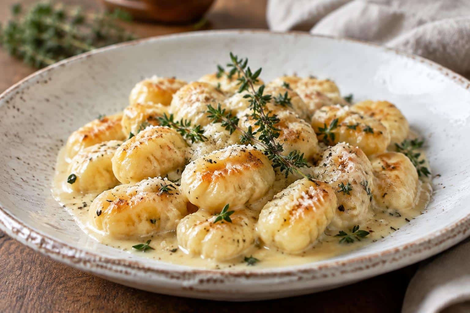 Millionaire gnocchi served in a creamy sauce garnished with fresh herbs and black pepper