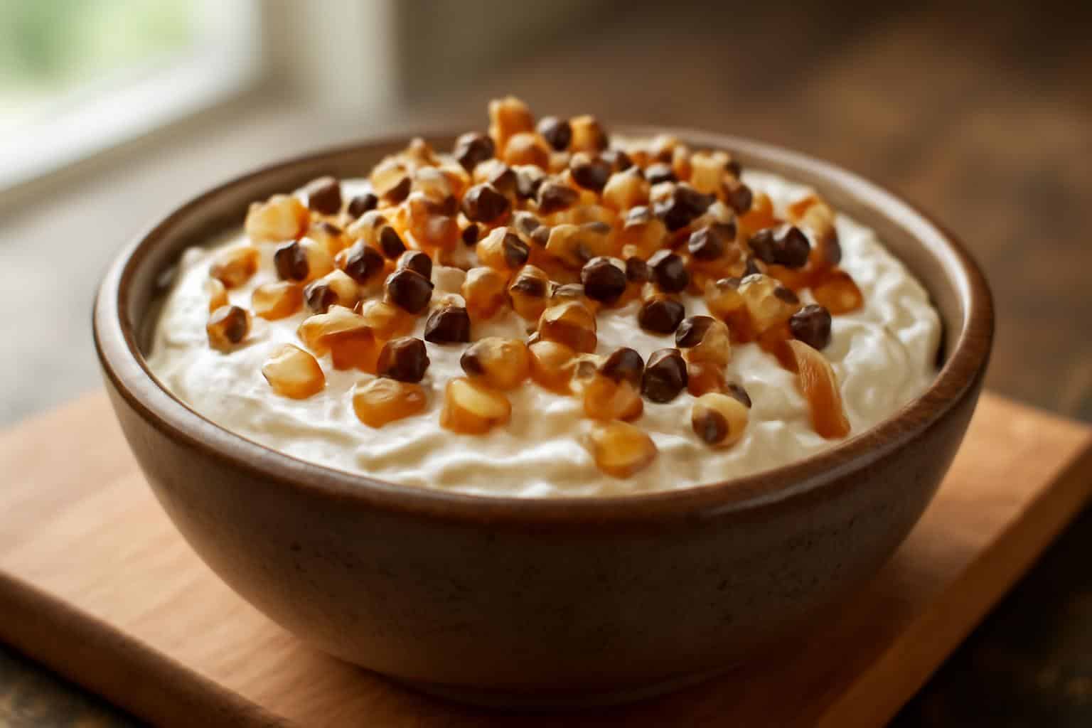 Creamy turtle cheesecake dip topped with caramel, pecans, and chocolate chips in rustic bowl