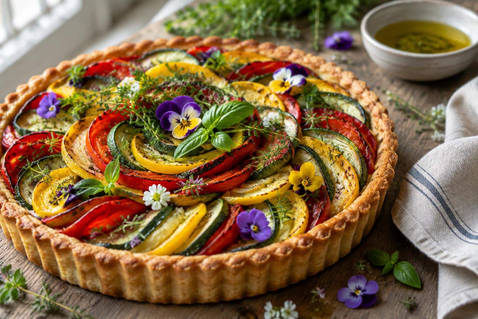 Baked vegetable tart showcasing beautiful food ideas with colorful layers and fresh herbs