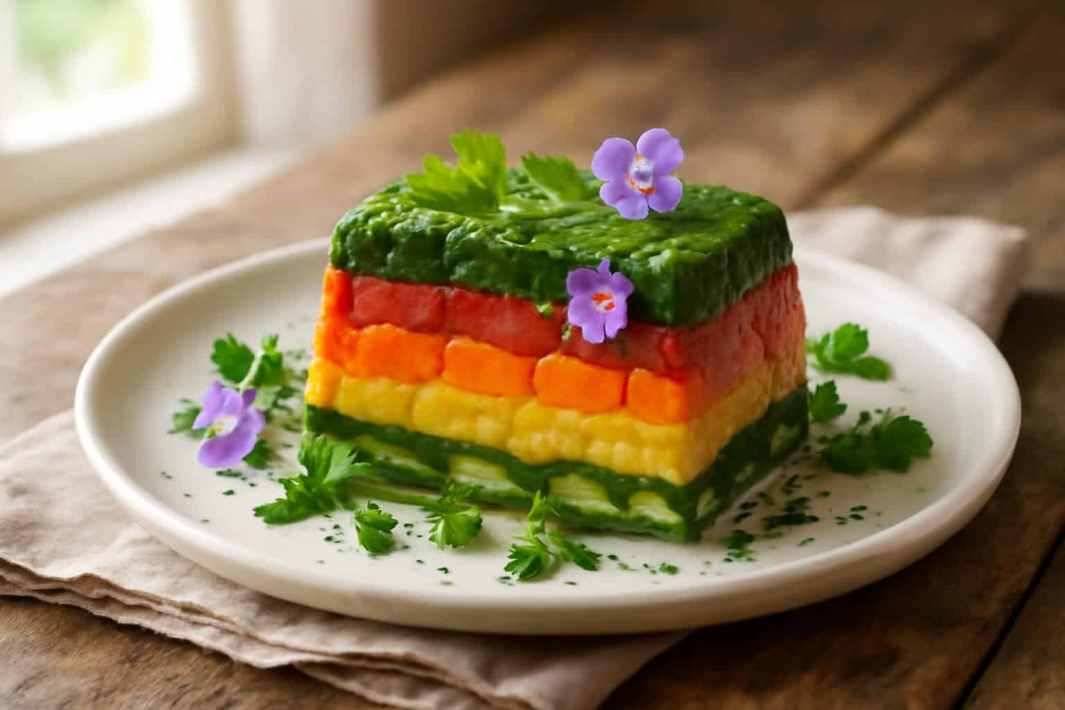 Colorful layered vegetable terrine showcasing beautiful food ideas on a white plate