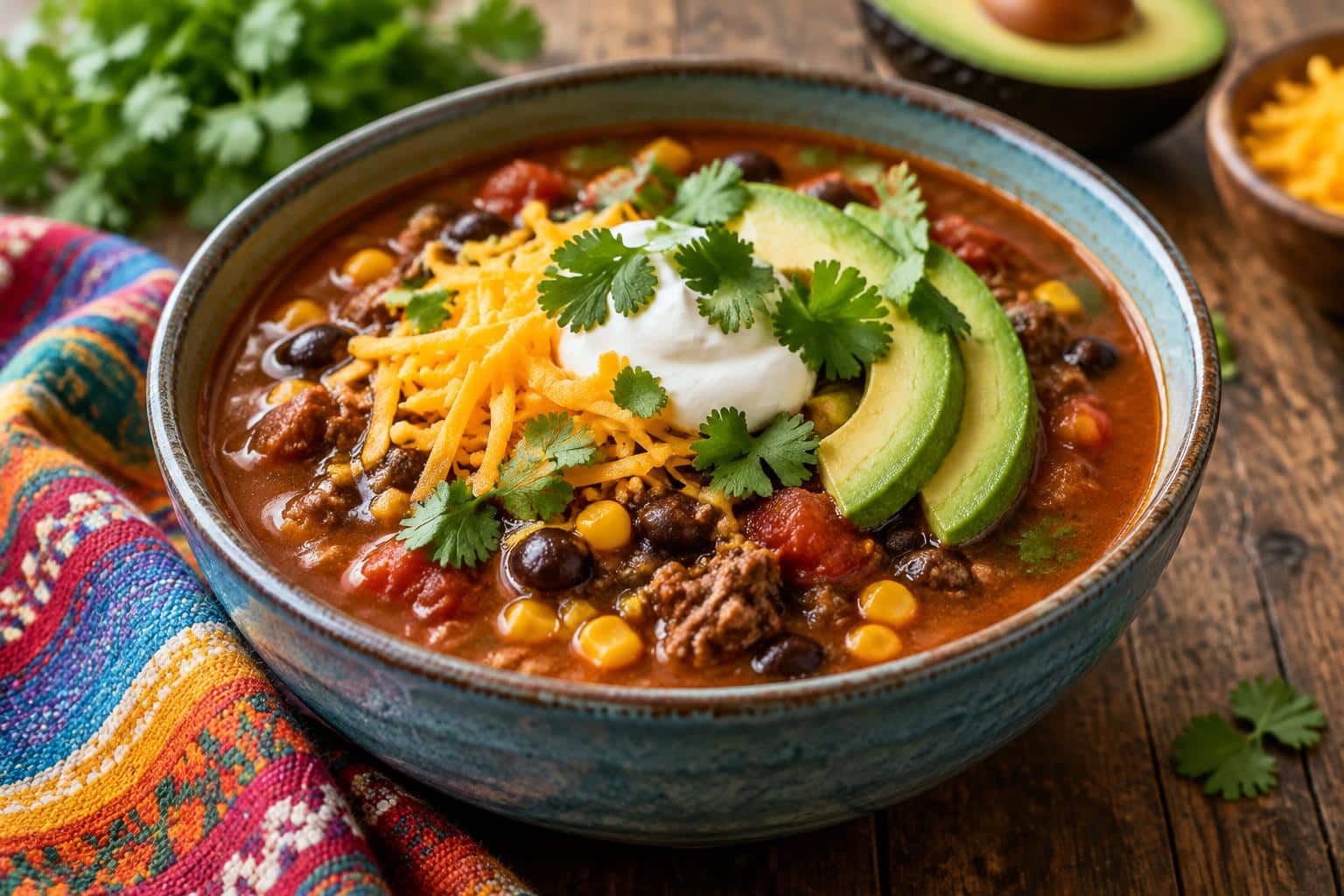 Bowl of instant pot taco soup garnished with cheddar, avocado, and cilantro